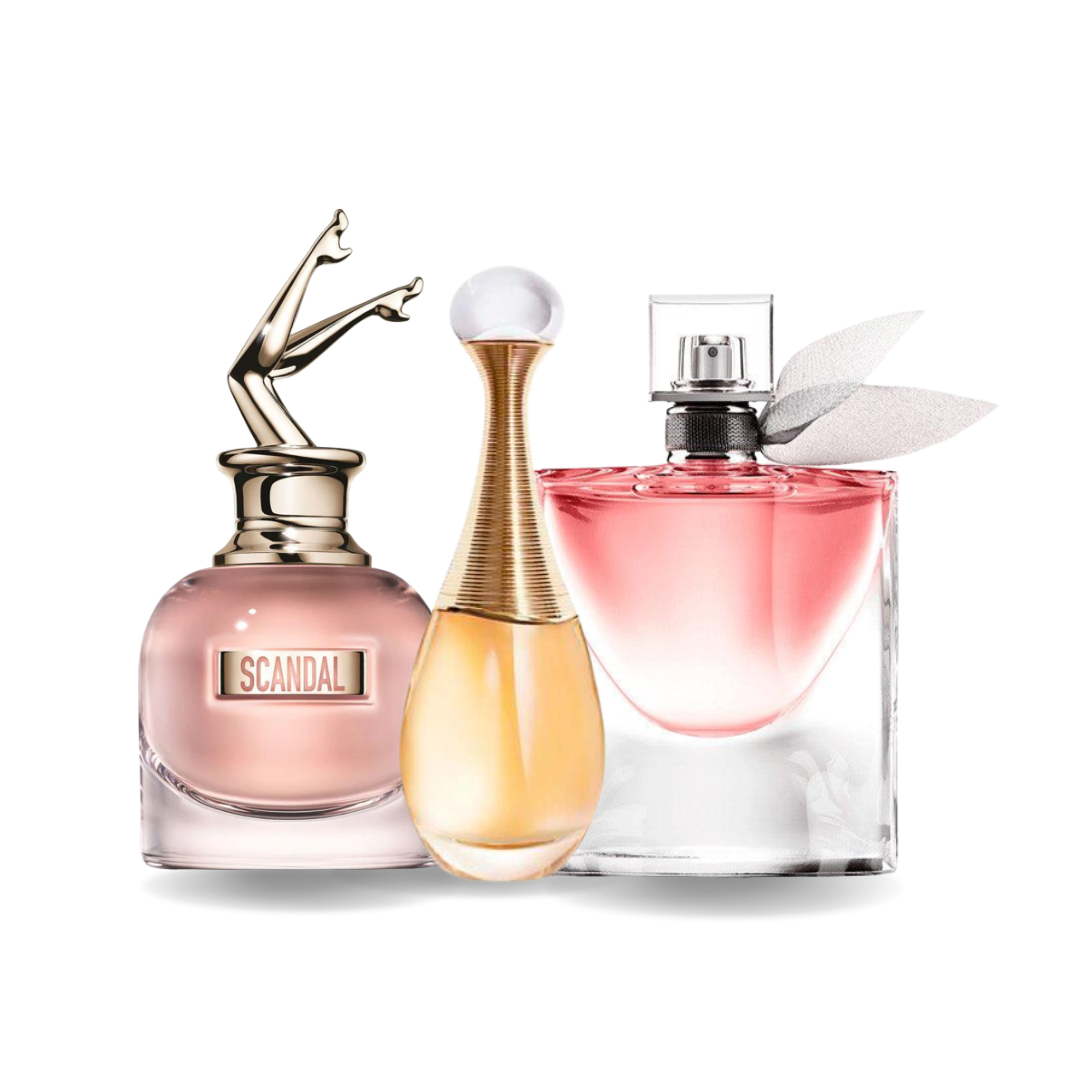 Combo de 3 Perfumes Jean Paul Gaultier SCANDAL, Dior J'ADORE e Lancôme LA VIE EST BELLE 100ml - Madrid Perfumes